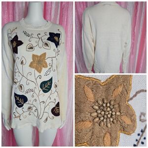 B.P. Design Vintage Fall Leaf Beige Embroidered Beaded Knit Sweater Size Medium